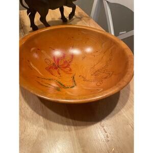 Munising 8.5" wooden bowl, maple and teak, hand painted, 1930s maker's mark, A05